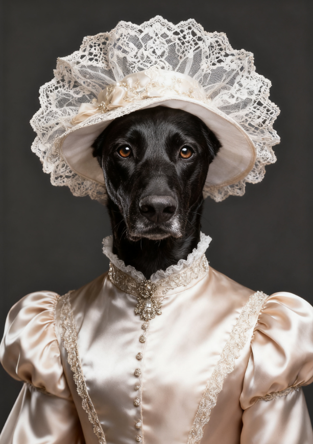 Elegant Black Dog Lady in Vintage Lace Gown