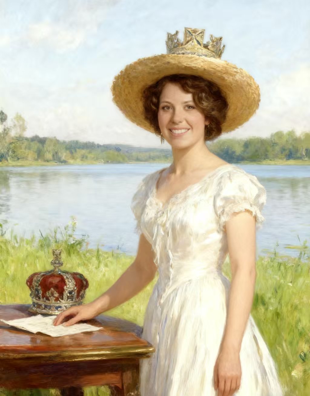 Lady with a Crown Under Straw Hat by the River (复制）