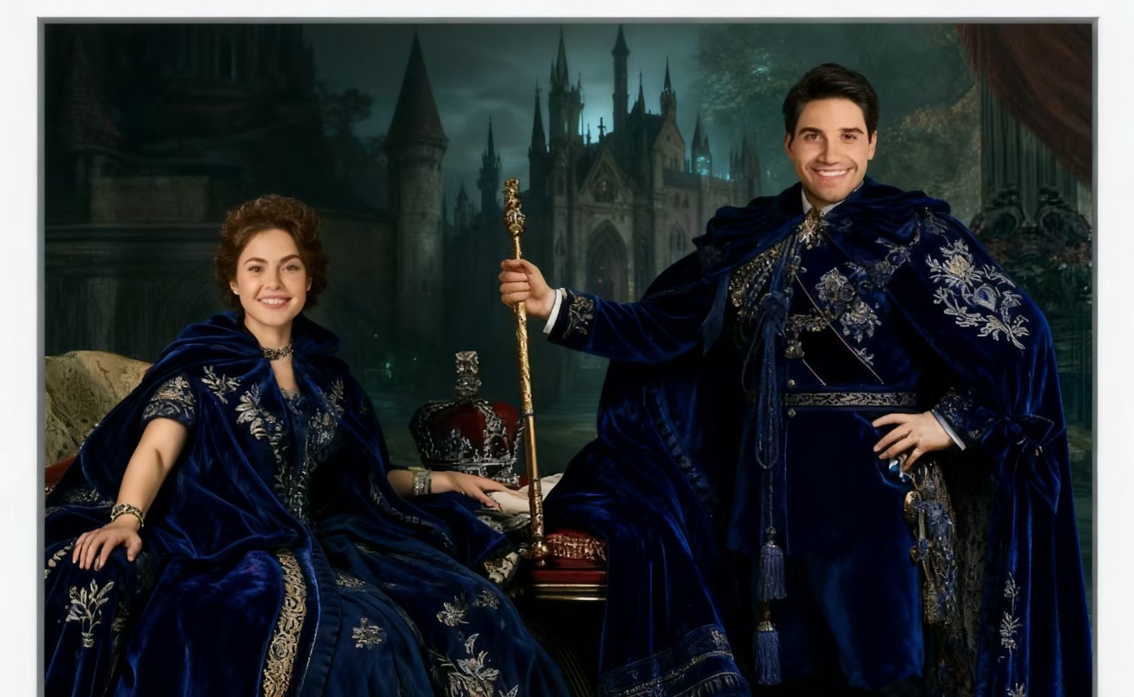Royal Couple in Deep Blue Velvet Gowns at the Castle