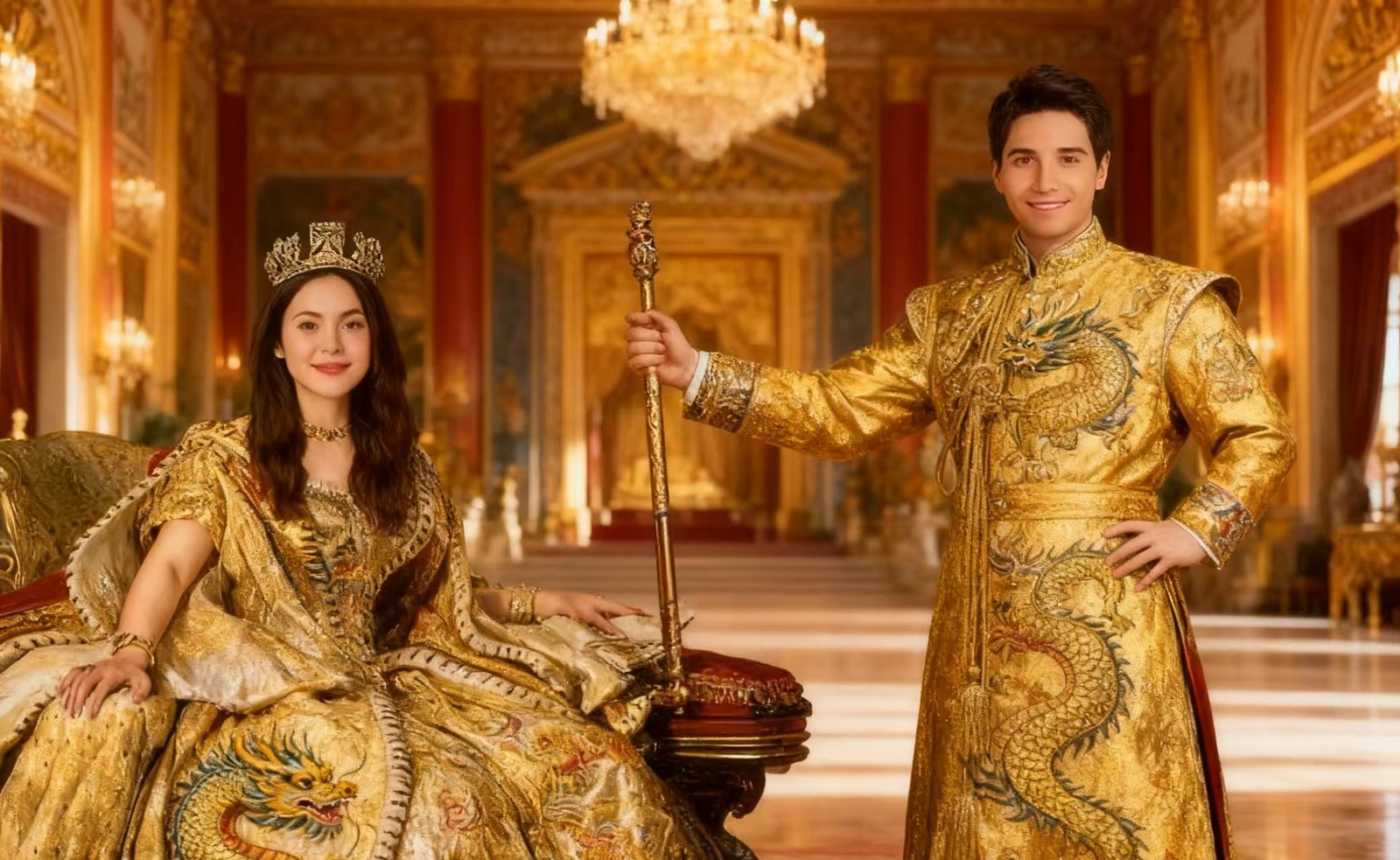 Royal Couple in Dragon-Patterned Gold Gowns in the Gilded Palace